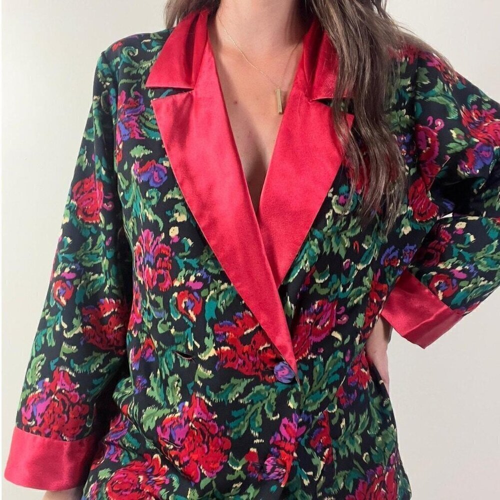 Vintage 90s Victoria's Secret Satin Colorful Floral Double Breasted Pajama Top M